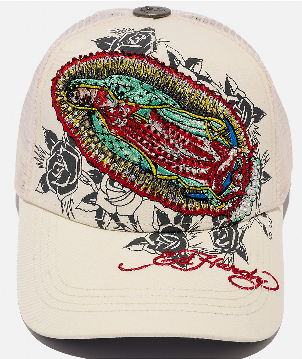 Ed Hardy Mary Rhinestone Ivory Trucker Hat