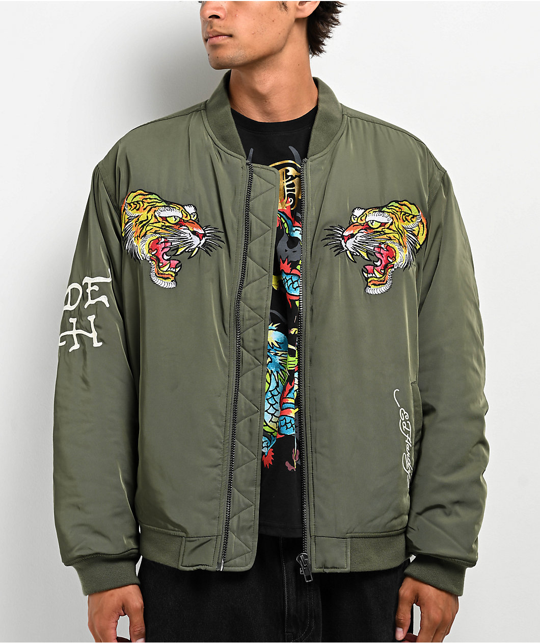 Ed Hardy NYC Skull Olive Bomber Jacket