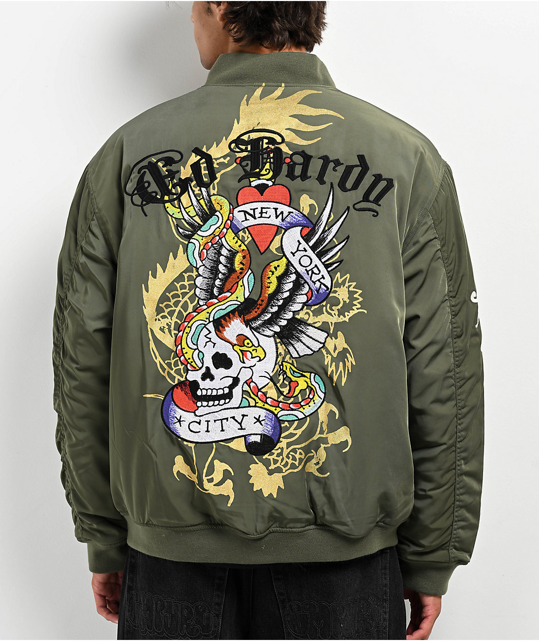 Ed Hardy NYC Skull Olive Bomber Jacket