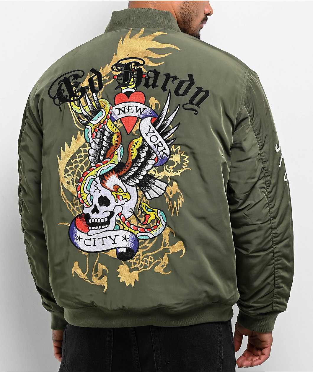 Ed Hardy NYC Skull Olive Bomber Jacket