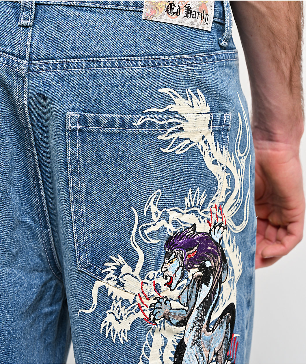 Ed Hardy Panteras Blue Wash Baggy Jeans