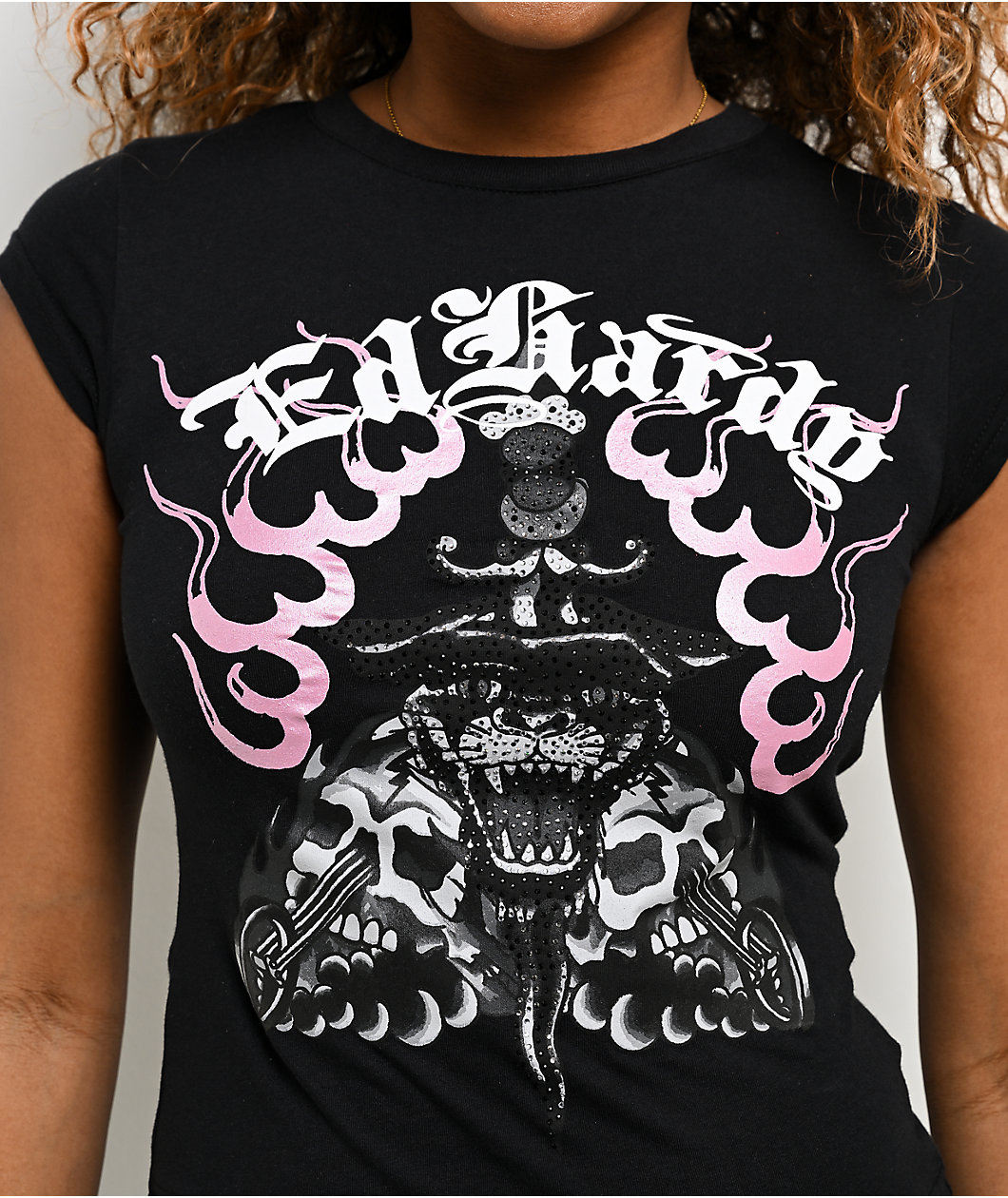 Ed Hardy Panther Dagger Rhinestone Black Crop T-Shirt