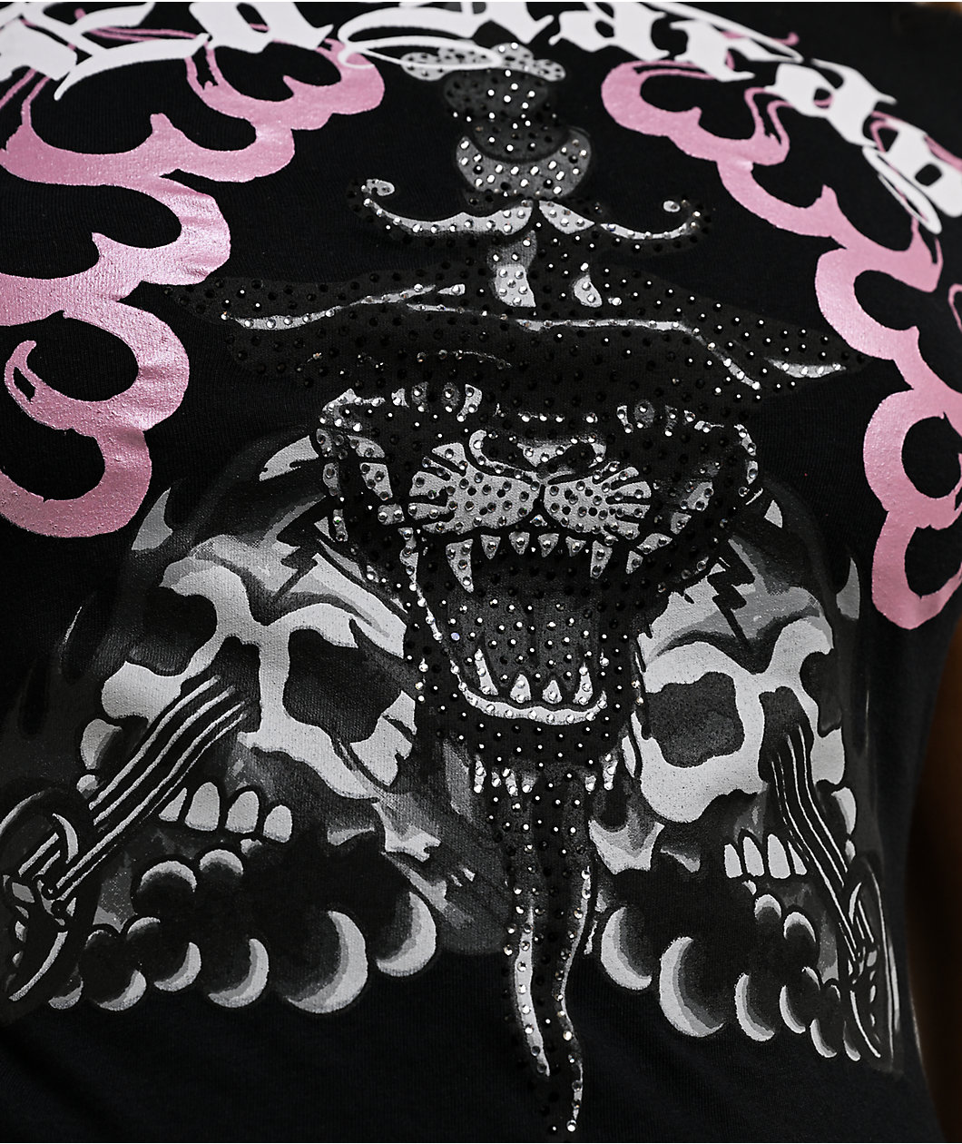 Ed Hardy Panther Dagger Rhinestone Black Crop T-Shirt