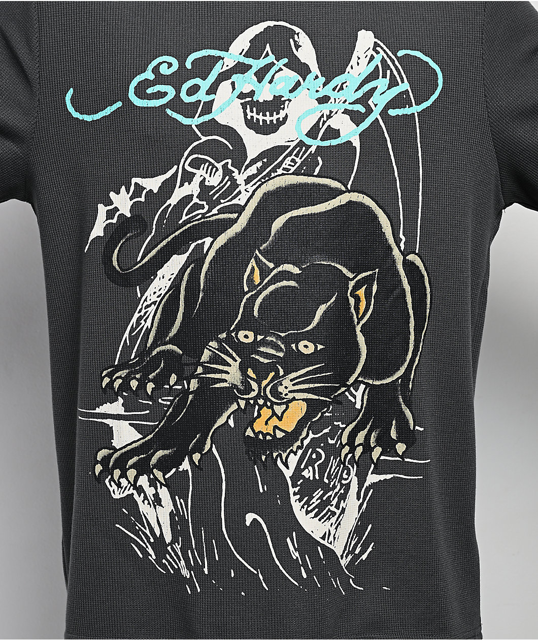 Ed Hardy Panther Flames Grey Thermal Long Sleeve T-Shirt