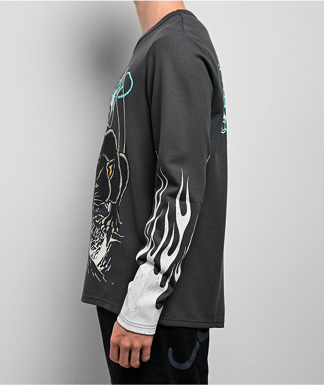 Ed Hardy Panther Flames Grey Thermal Long Sleeve T-Shirt