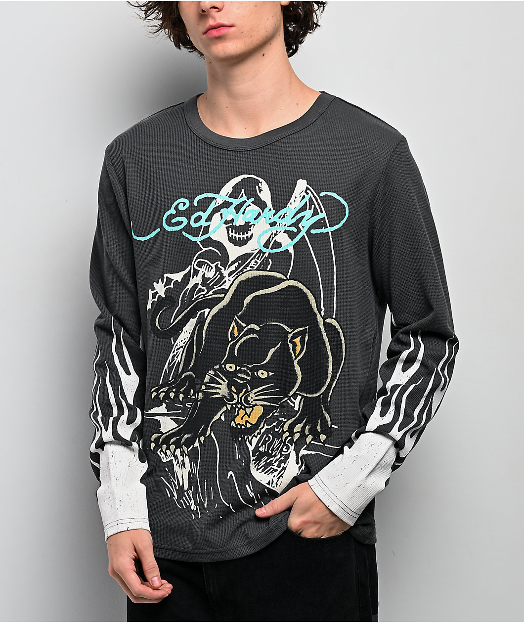 Ed Hardy Panther Flames Grey Thermal Long Sleeve T-Shirt
