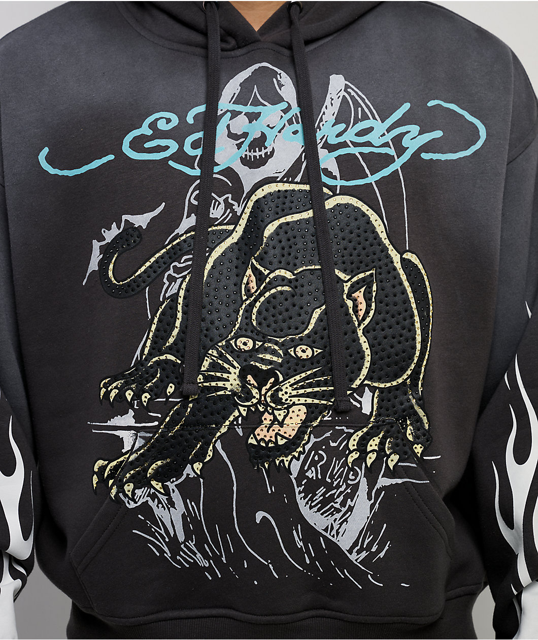 Ed Hardy Panther Rhinestone Sunfade Grey Hoodie