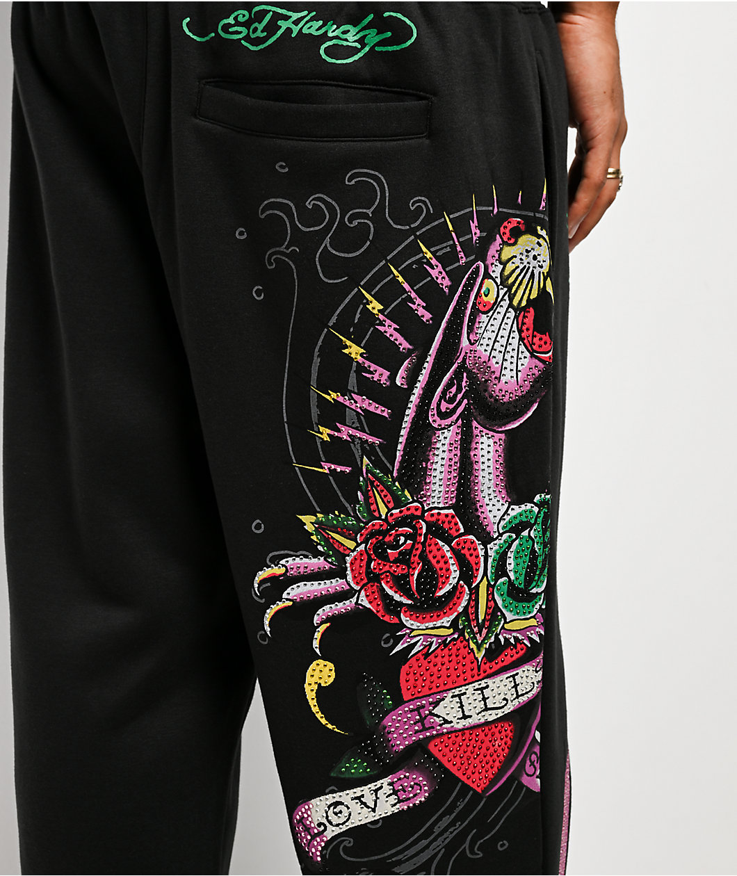 Ed Hardy Panther Rose Rhinestone Black Baggy Sweatpants