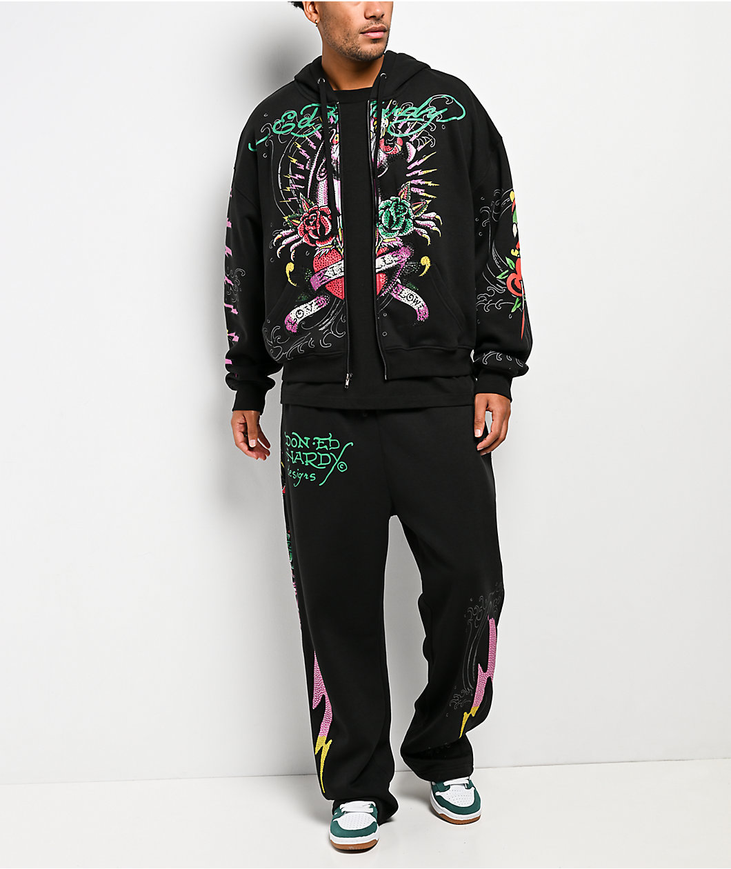 Ed Hardy Panther Rose Rhinestone Black Baggy Sweatpants