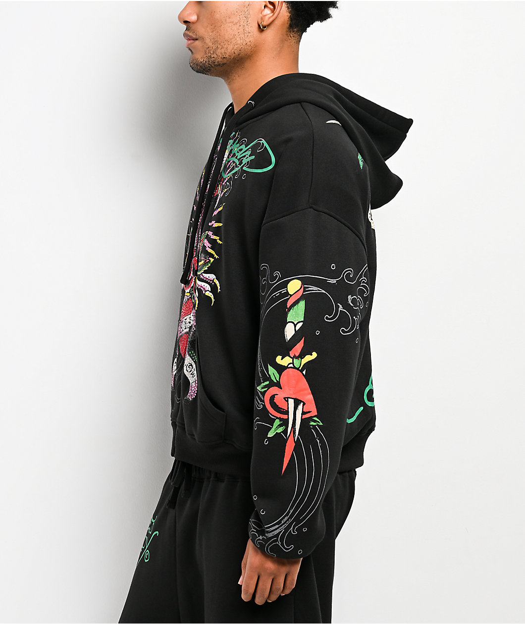 Ed Hardy Panther Rose Rhinestone Black Zip Hoodie