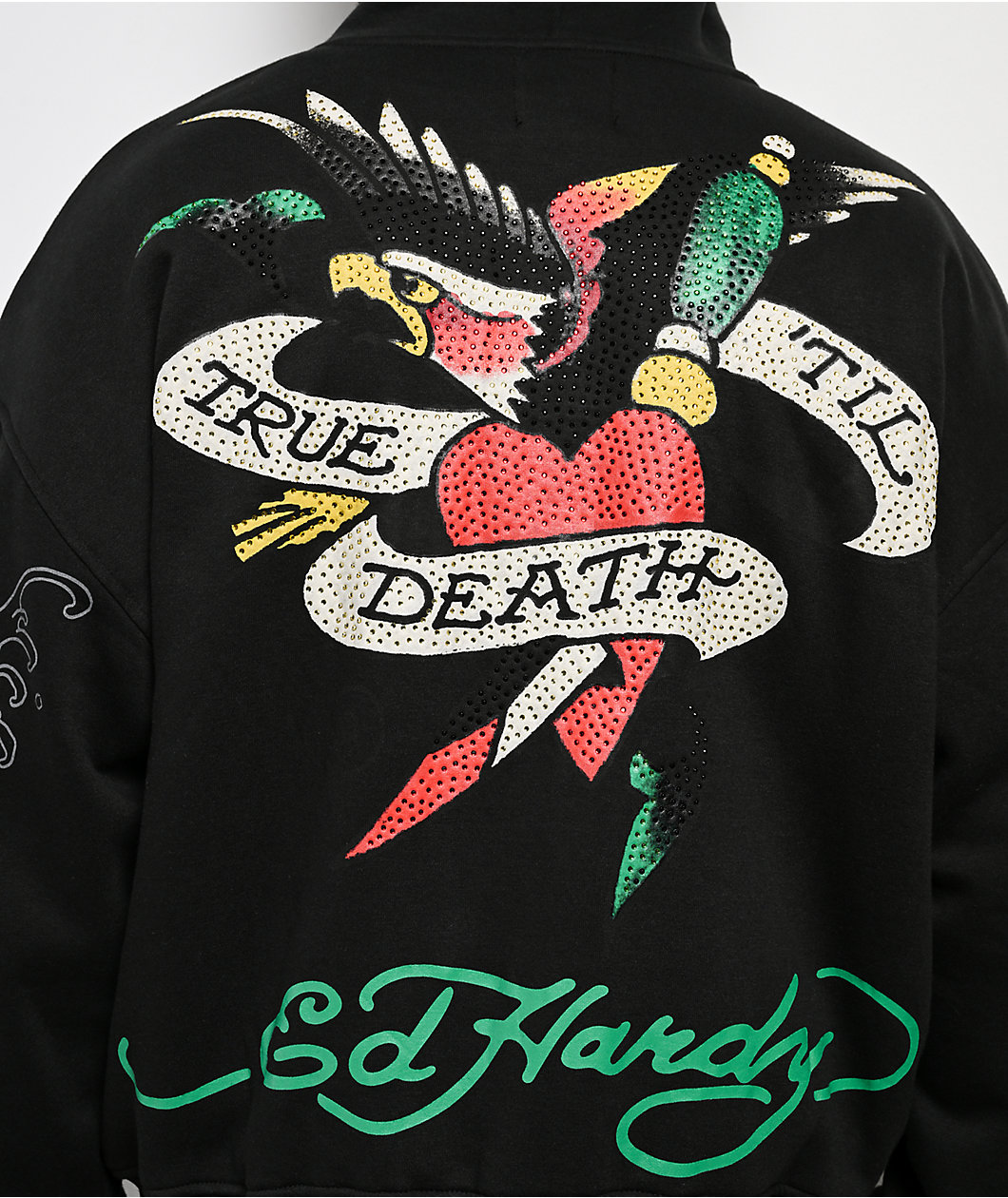 Ed Hardy Panther Rose Rhinestone Black Zip Hoodie