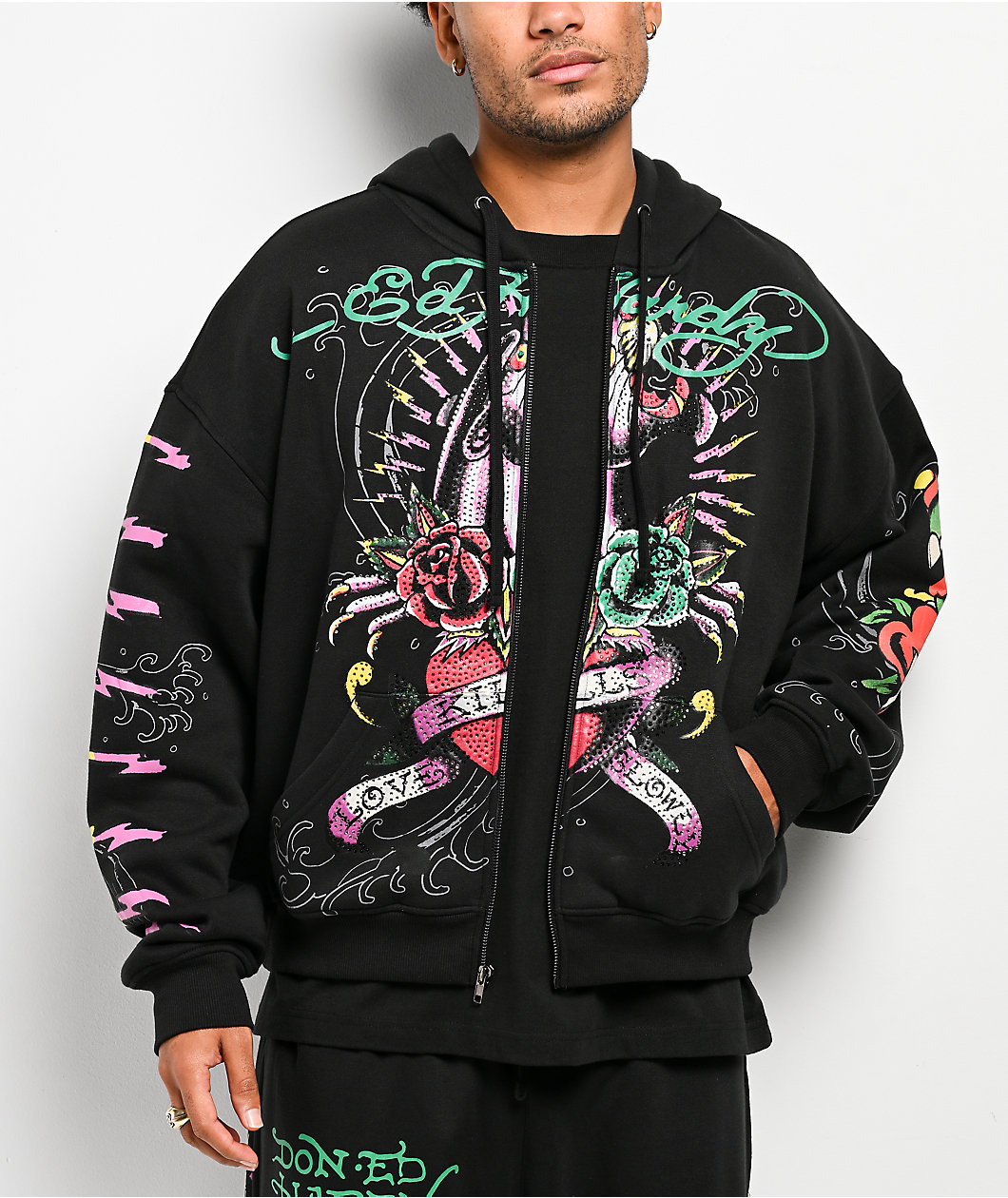 Ed Hardy Panther Rose Rhinestone Black Zip Hoodie