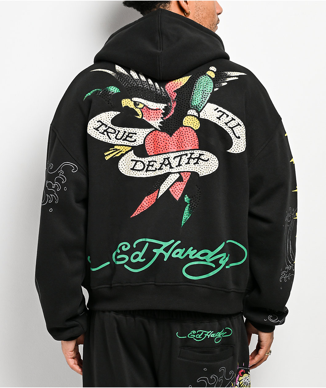 Ed Hardy Panther Rose Rhinestone Black Zip Hoodie