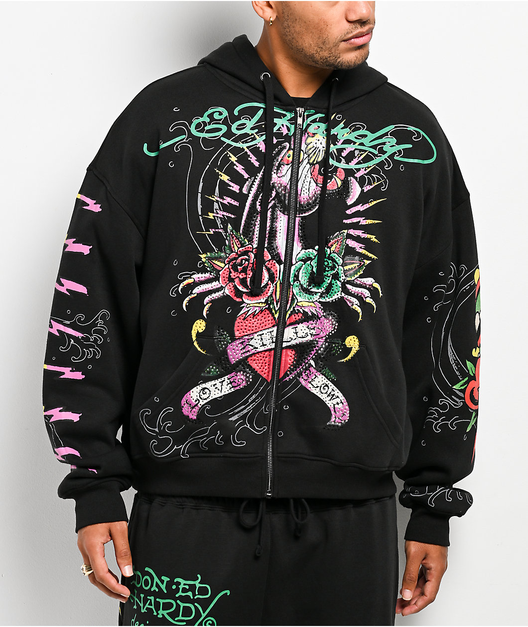 Ed Hardy Panther Rose Rhinestone Black Zip Hoodie