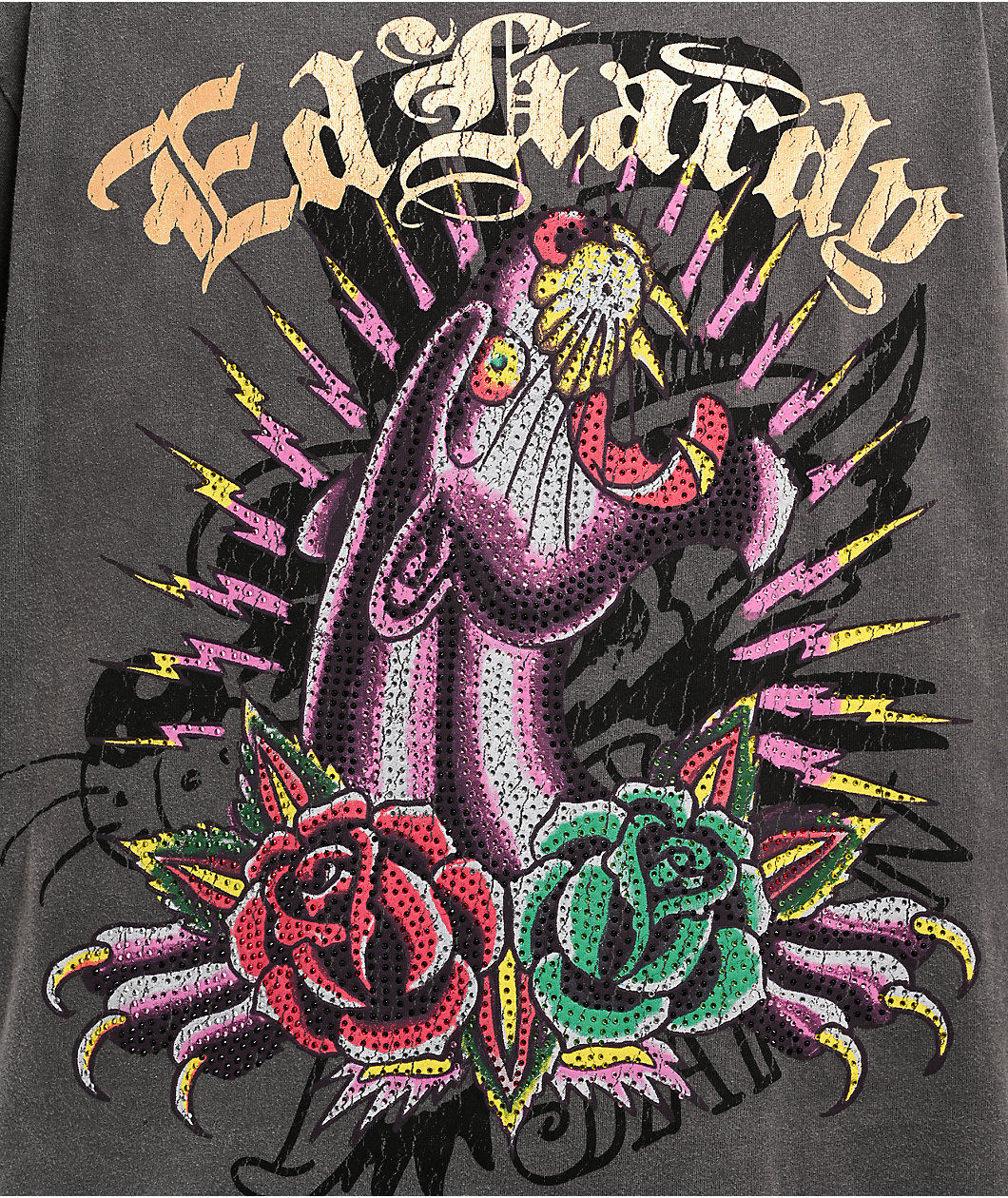 Ed Hardy Panther Rose Rhinestone Charcoal Wash Boxy T-Shirt