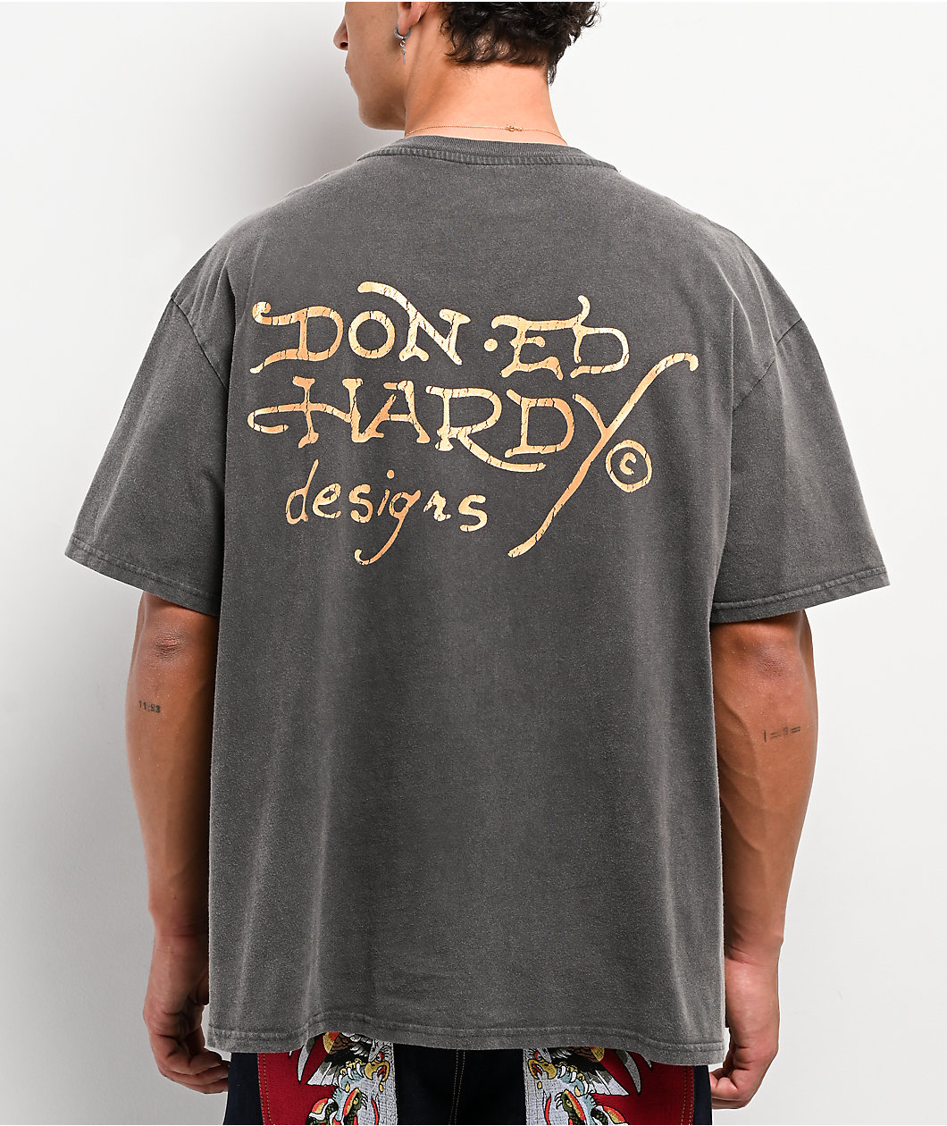 Ed Hardy Panther Rose Rhinestone Charcoal Wash Boxy T-Shirt