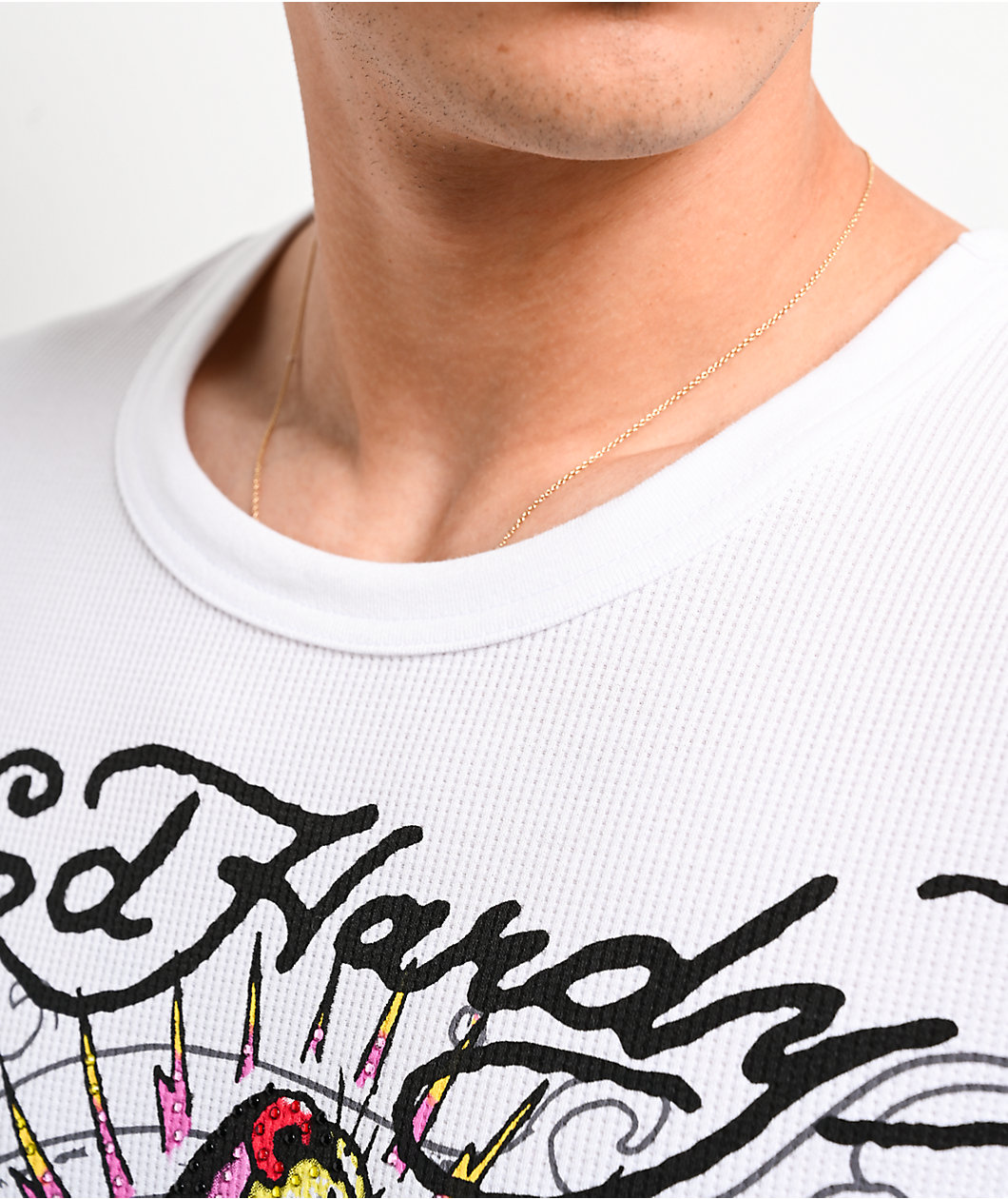 Ed Hardy Panther Rose Rhinestone White Thermal Long Sleeve T-Shirt