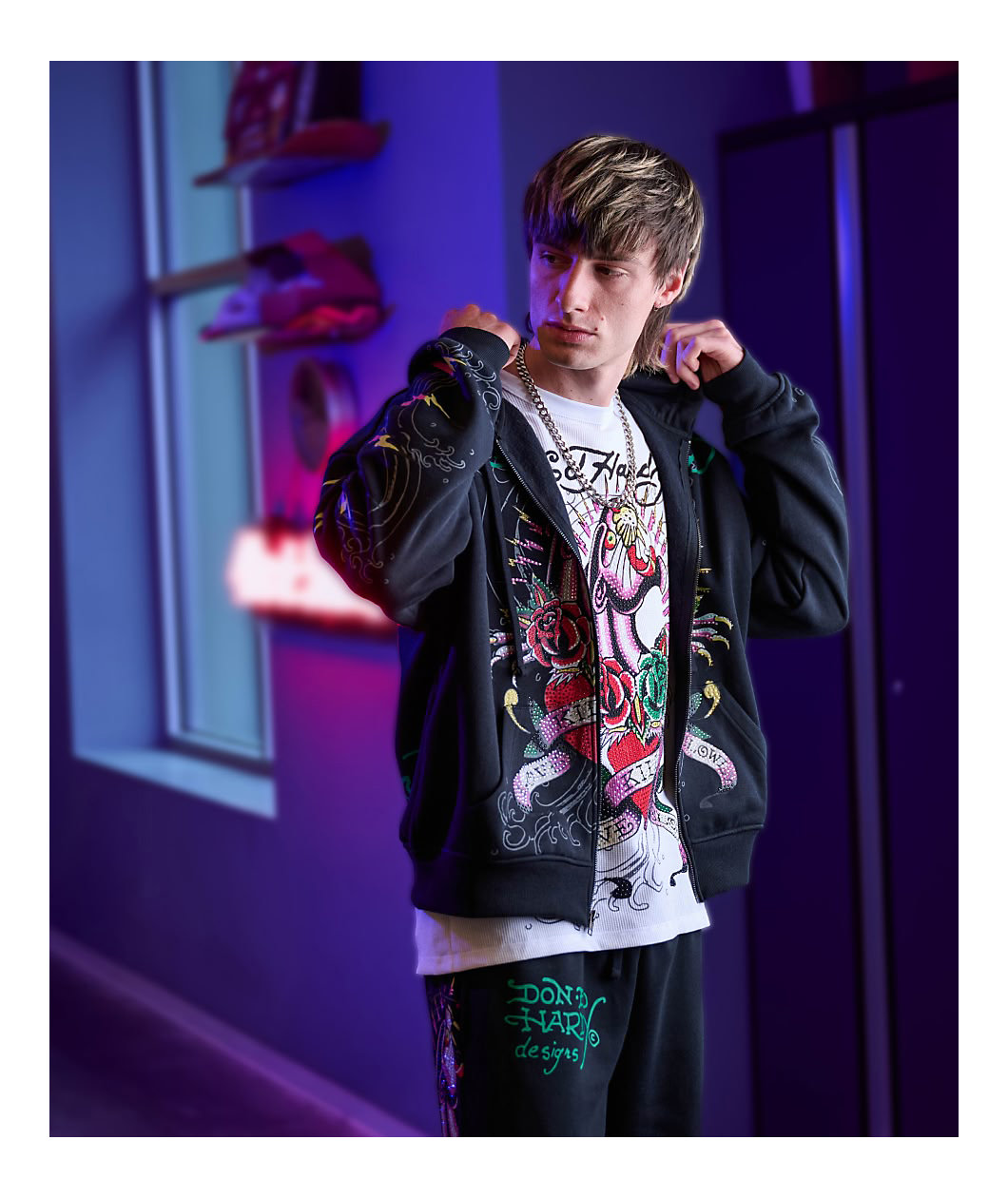 Ed Hardy Panther Rose Rhinestone White Thermal Long Sleeve T-Shirt