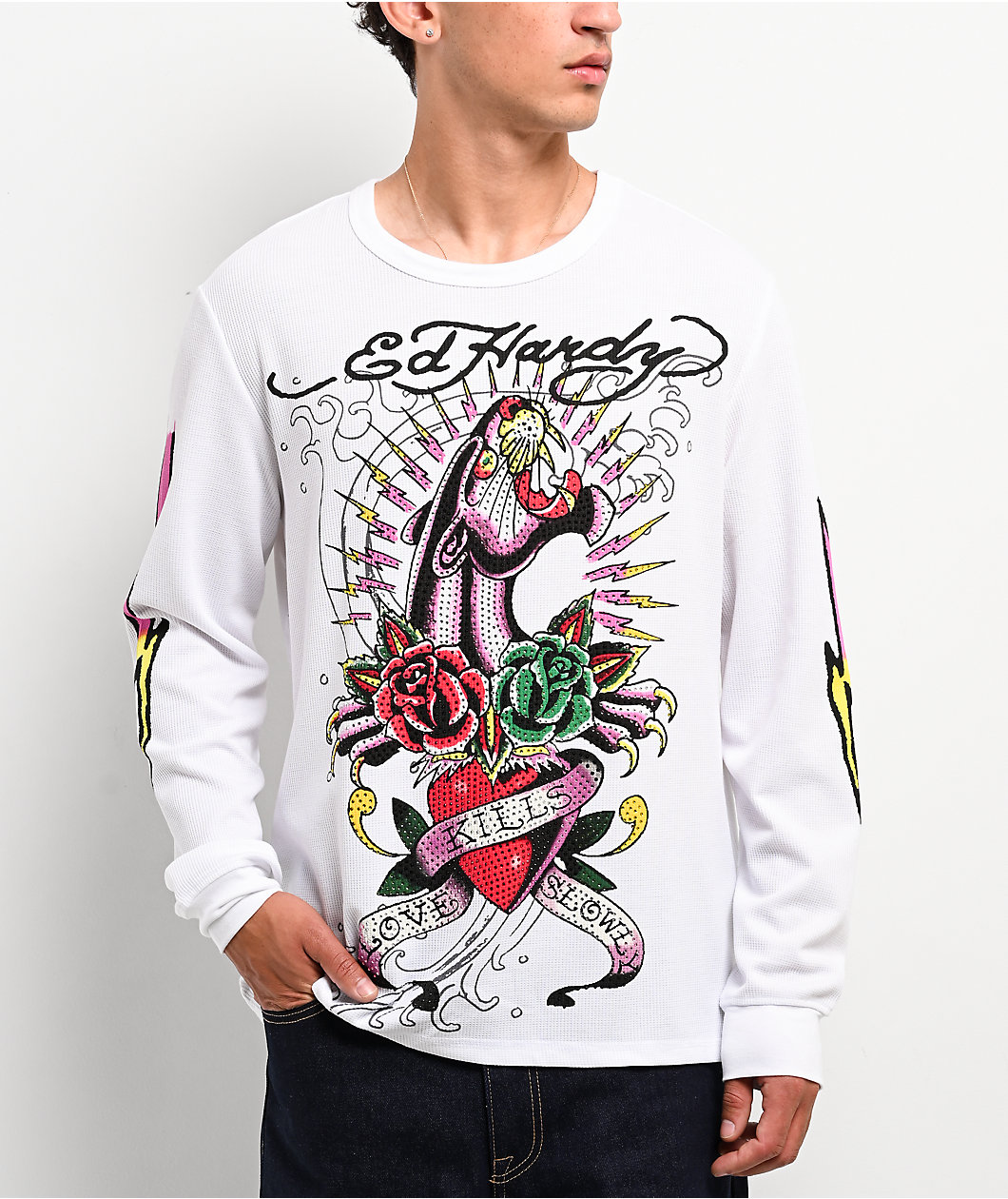 Ed Hardy Panther Rose Rhinestone White Thermal Long Sleeve T-Shirt