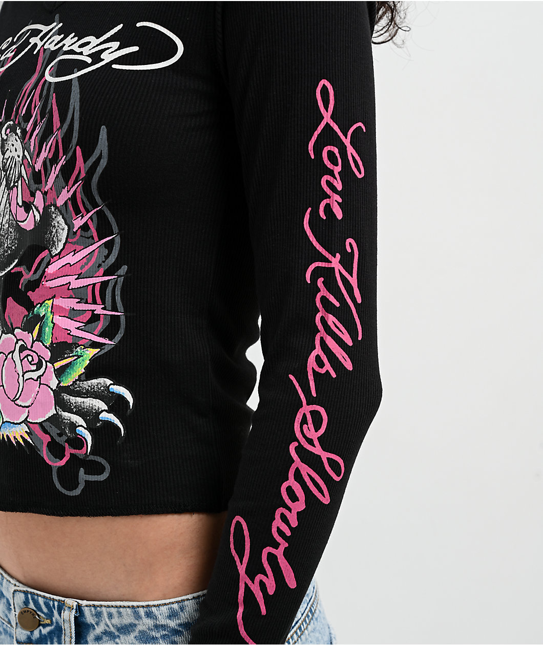 Ed Hardy Panther Roses Black Notch Thermal Long Sleeve T-Shirt