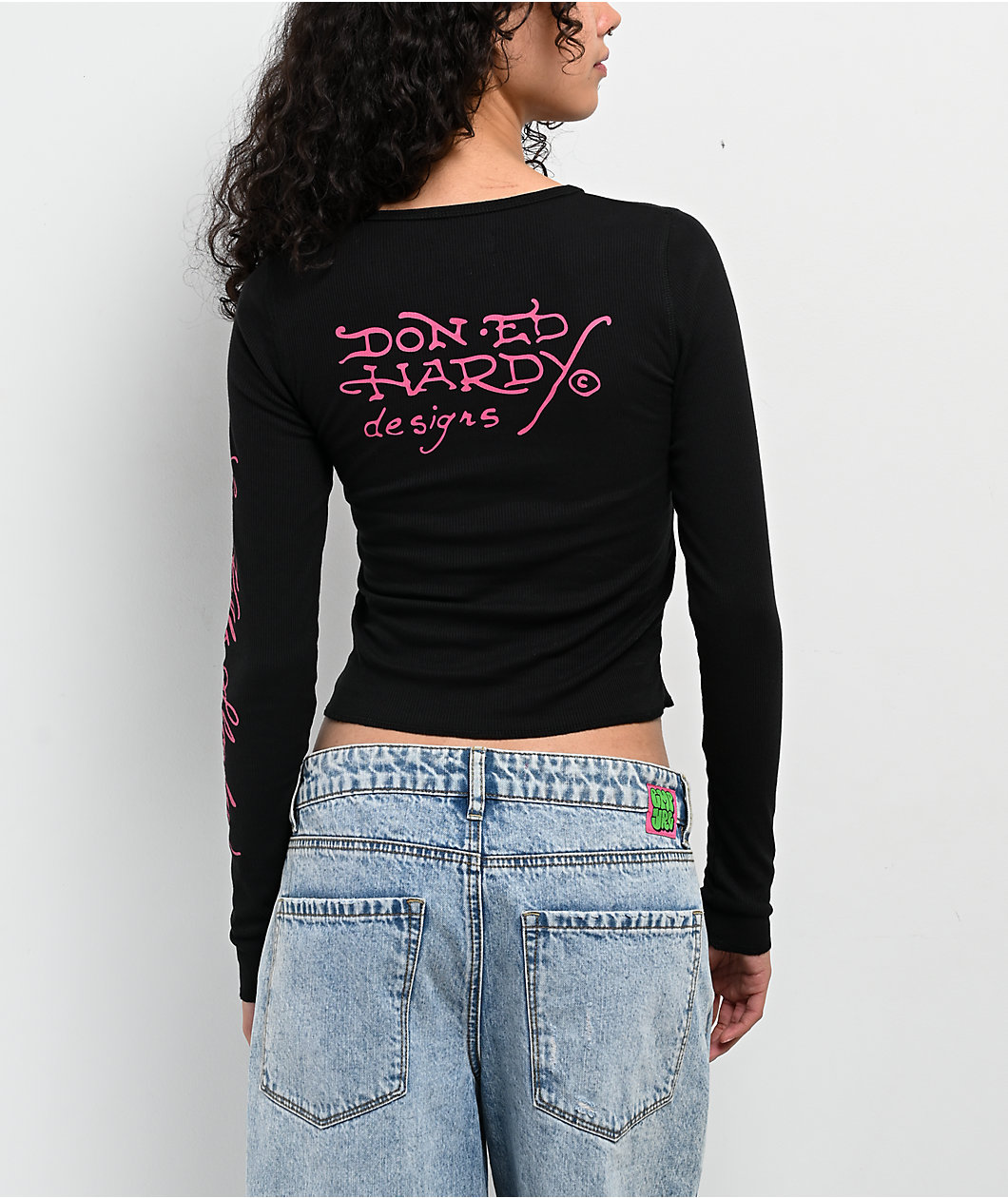 Ed Hardy Panther Roses Black Notch Thermal Long Sleeve T-Shirt