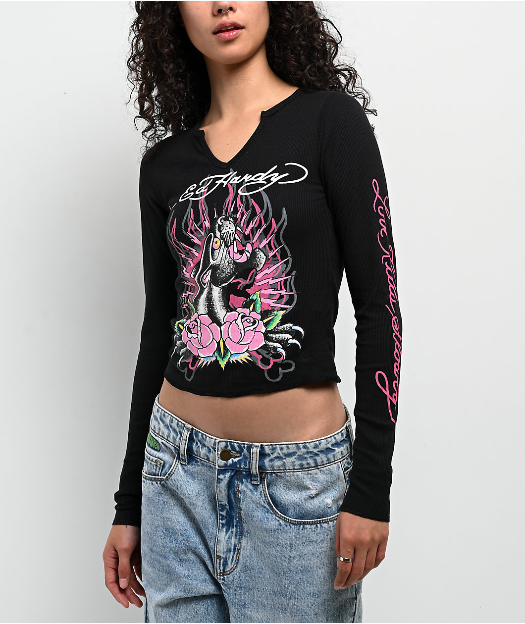 Ed Hardy Panther Roses Black Notch Thermal Long Sleeve T-Shirt