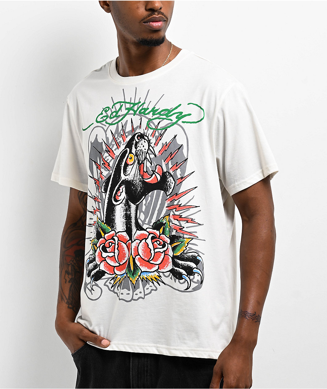 Ed Hardy Panther Roses Ivory T-Shirt