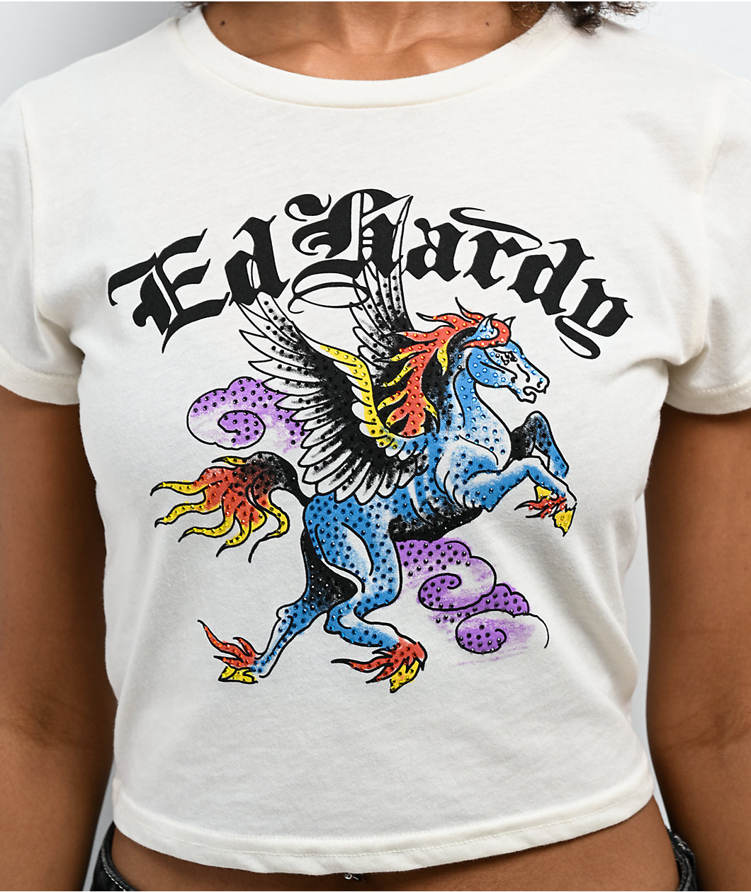 Ed Hardy Pegasus Rhinestone Ivory Crop T-Shirt