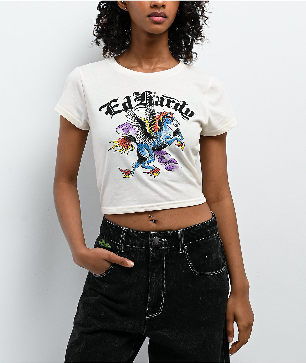Ed Hardy Pegasus Rhinestone Ivory Crop T-Shirt