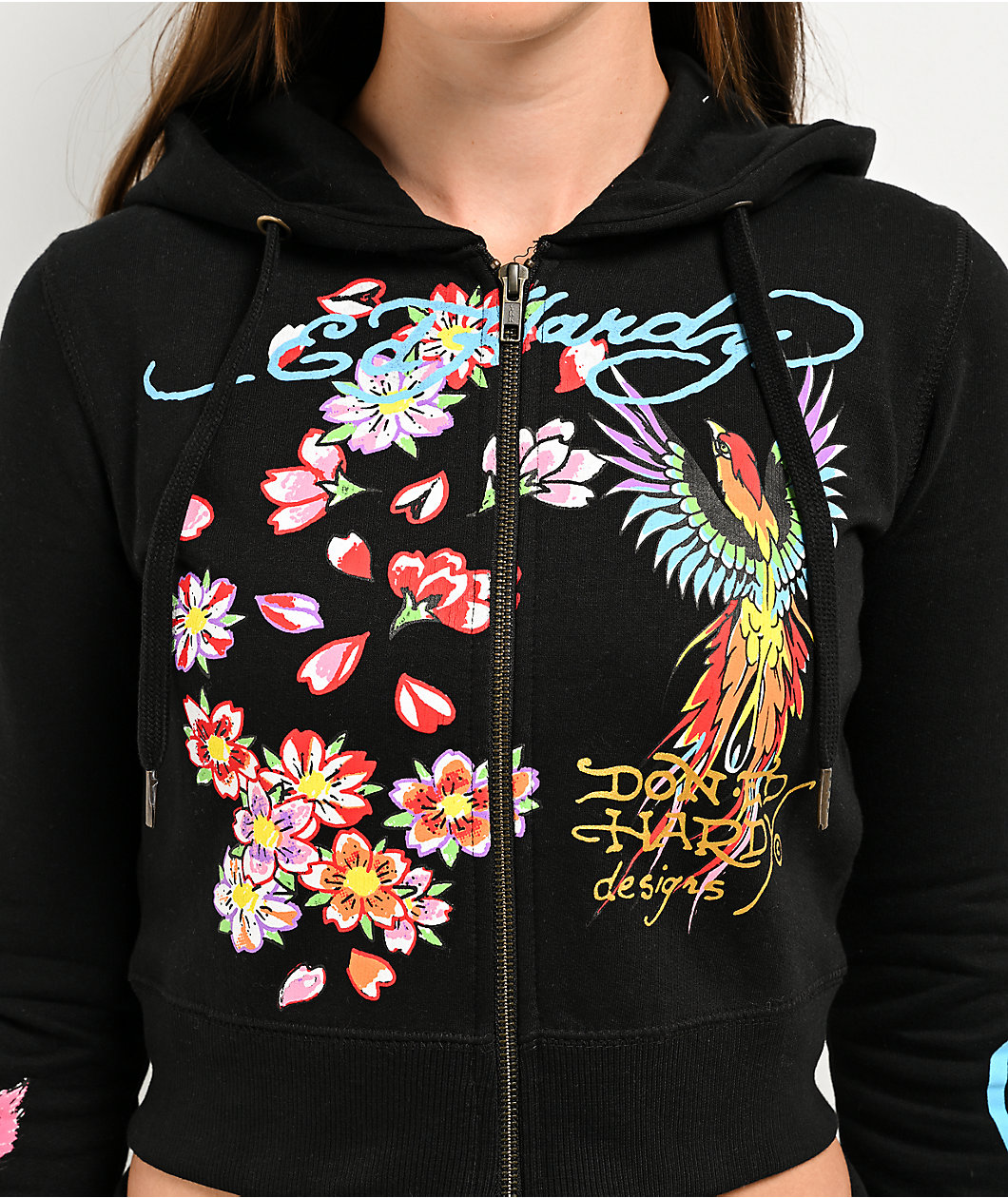 Ed Hardy Phoenix Y2K Black Crop Zip Hoodie