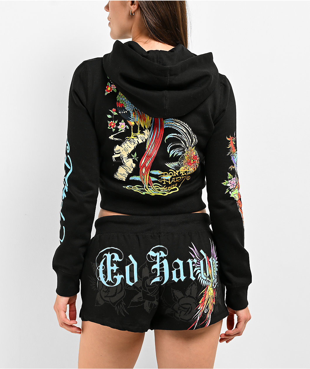 Ed Hardy Phoenix Y2K Black Crop Zip Hoodie