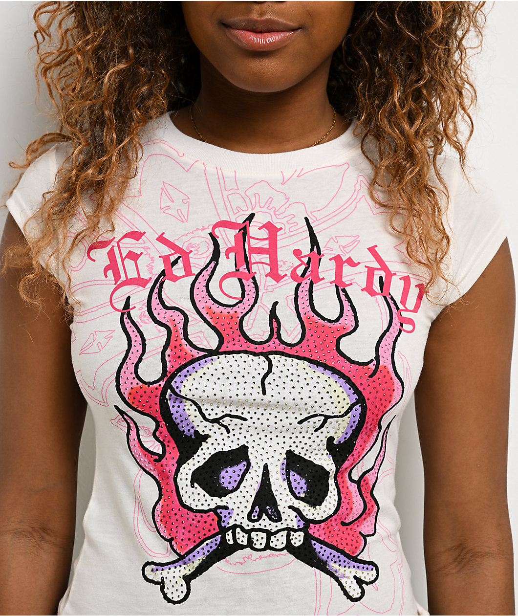 Ed Hardy Pink Flame Skull Rhinestone Ivory T-Shirt