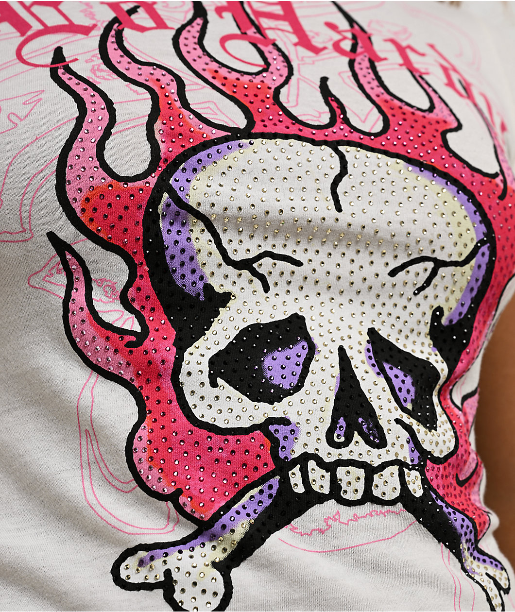 Ed Hardy Pink Flame Skull Rhinestone Ivory T-Shirt