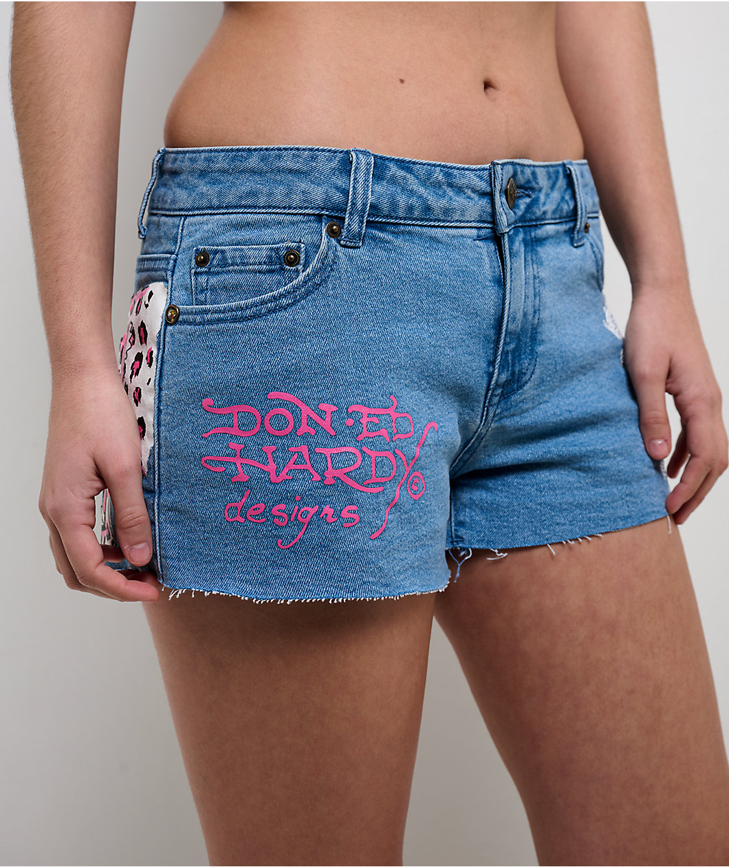 Ed Hardy Pink Leopard Washed Blue Cutoff Shorts