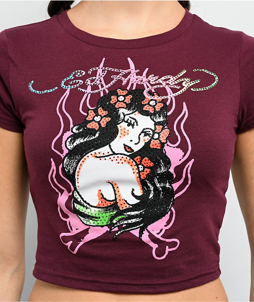 Ed Hardy Pinup Rhinestone Cabernet Crop T-Shirt
