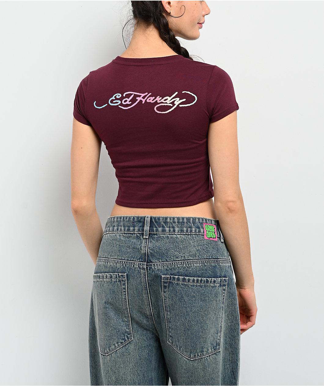 Ed Hardy Pinup Rhinestone Cabernet Crop T-Shirt
