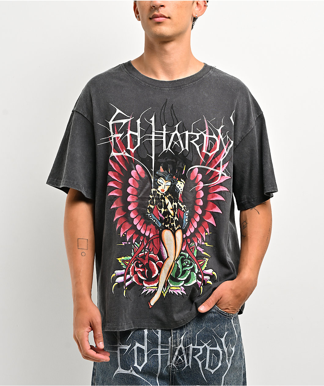 Ed Hardy Pinup Wing Black Wash T-Shirt