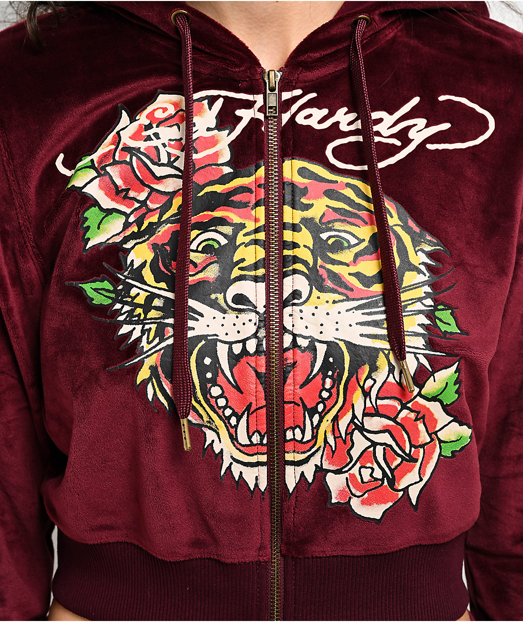 Ed Hardy Retro Tiger Burgundy Velour Crop Zip Hoodie