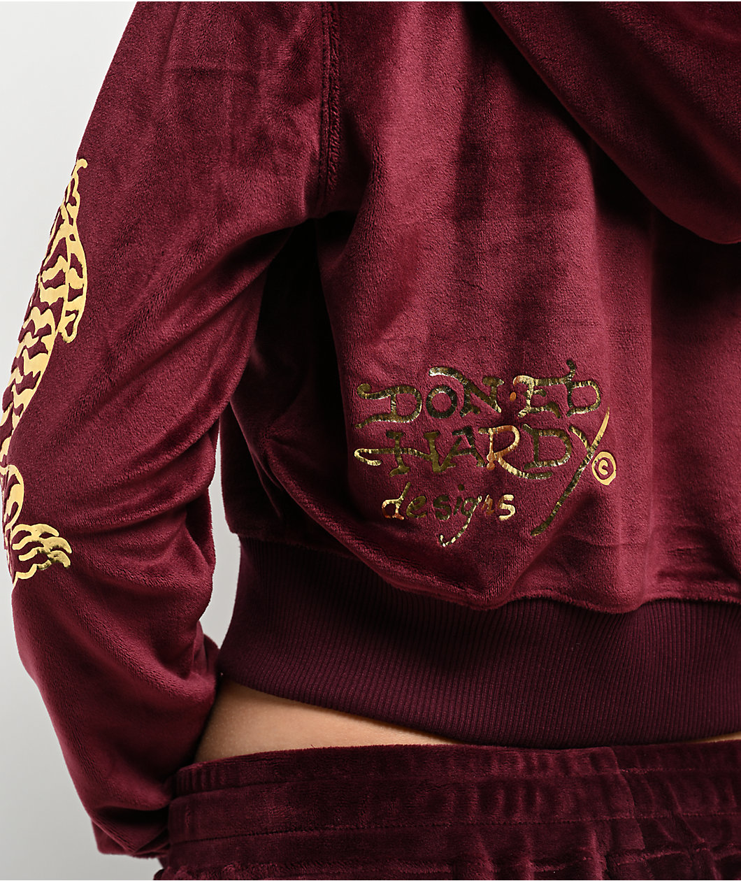 Ed Hardy Retro Tiger Burgundy Velour Crop Zip Hoodie