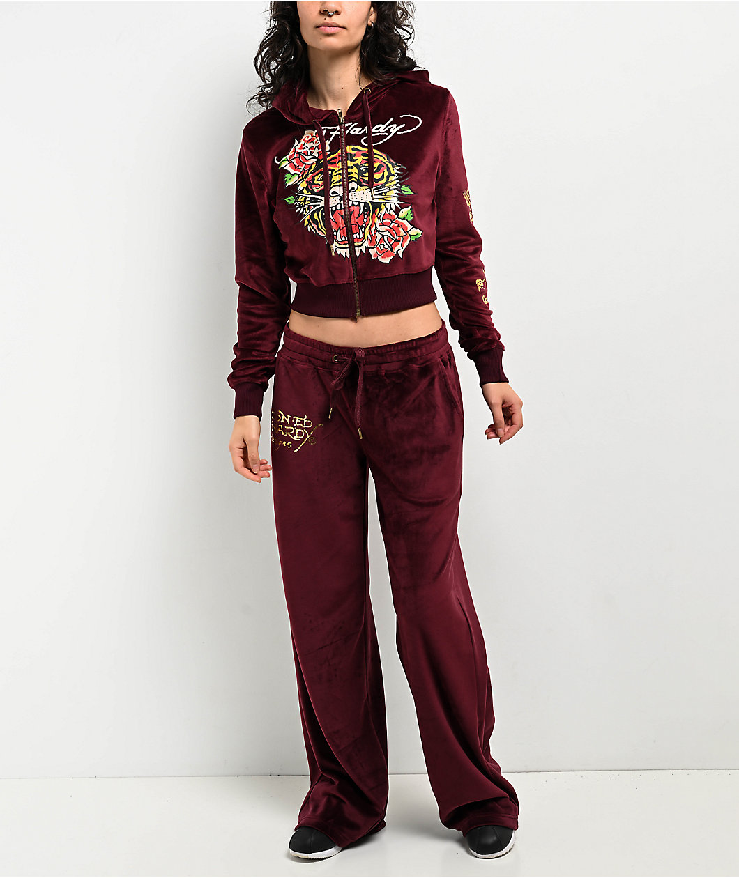 Ed Hardy Retro Tiger Burgundy Velour Crop Zip Hoodie