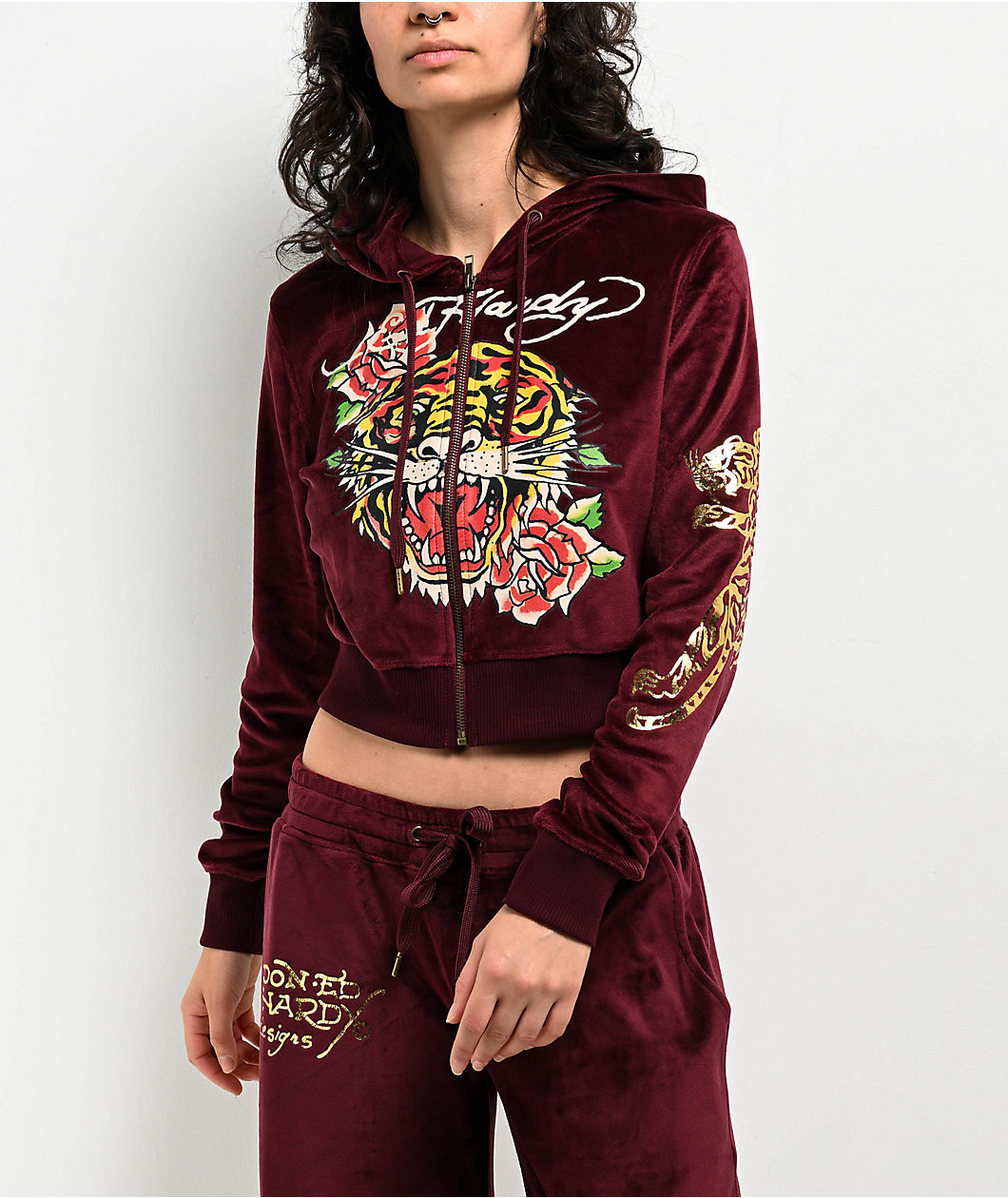 Ed Hardy Retro Tiger Burgundy Velour Crop Zip Hoodie