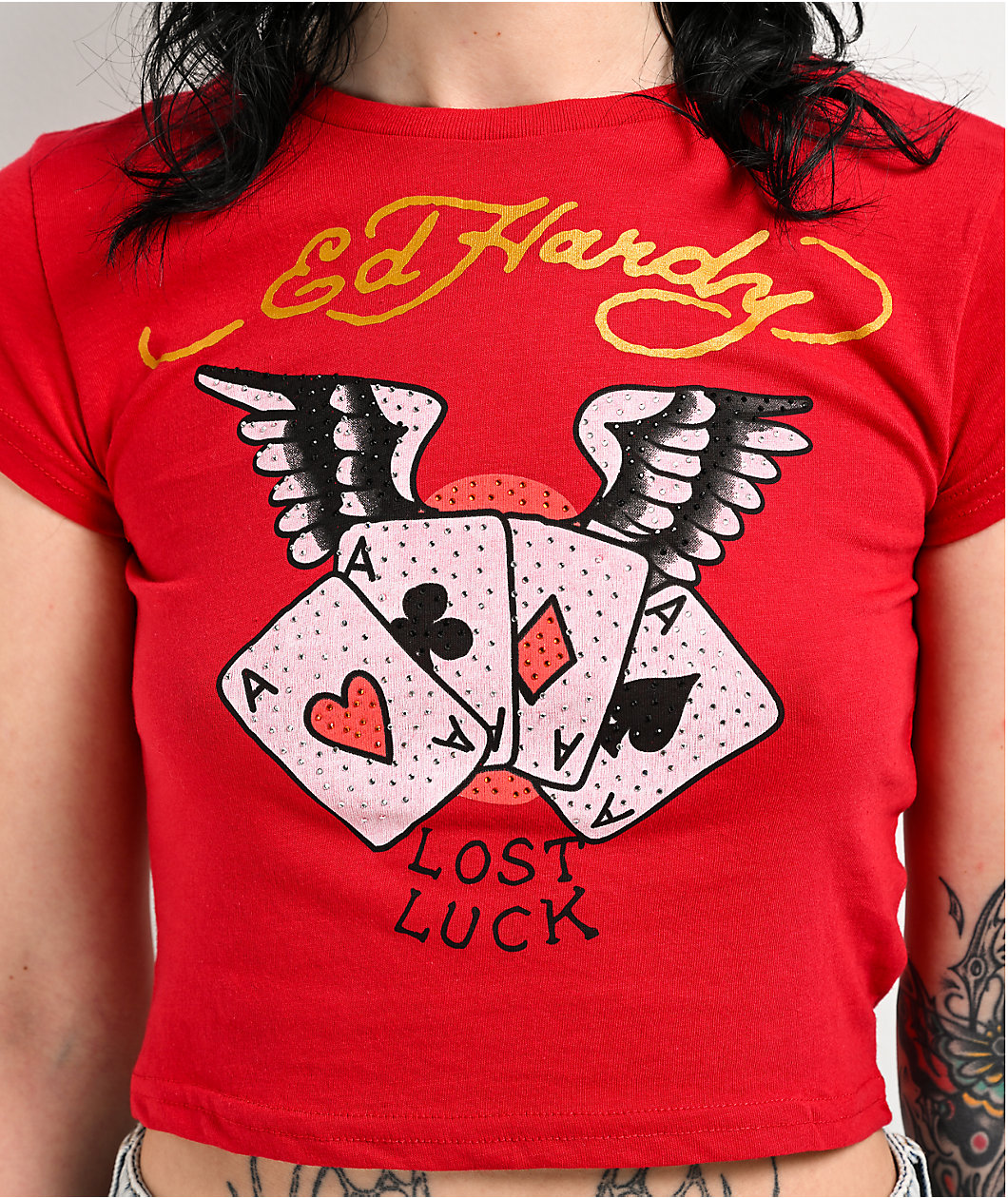 Ed Hardy Rhinestone Aces Red Crop T-Shirt