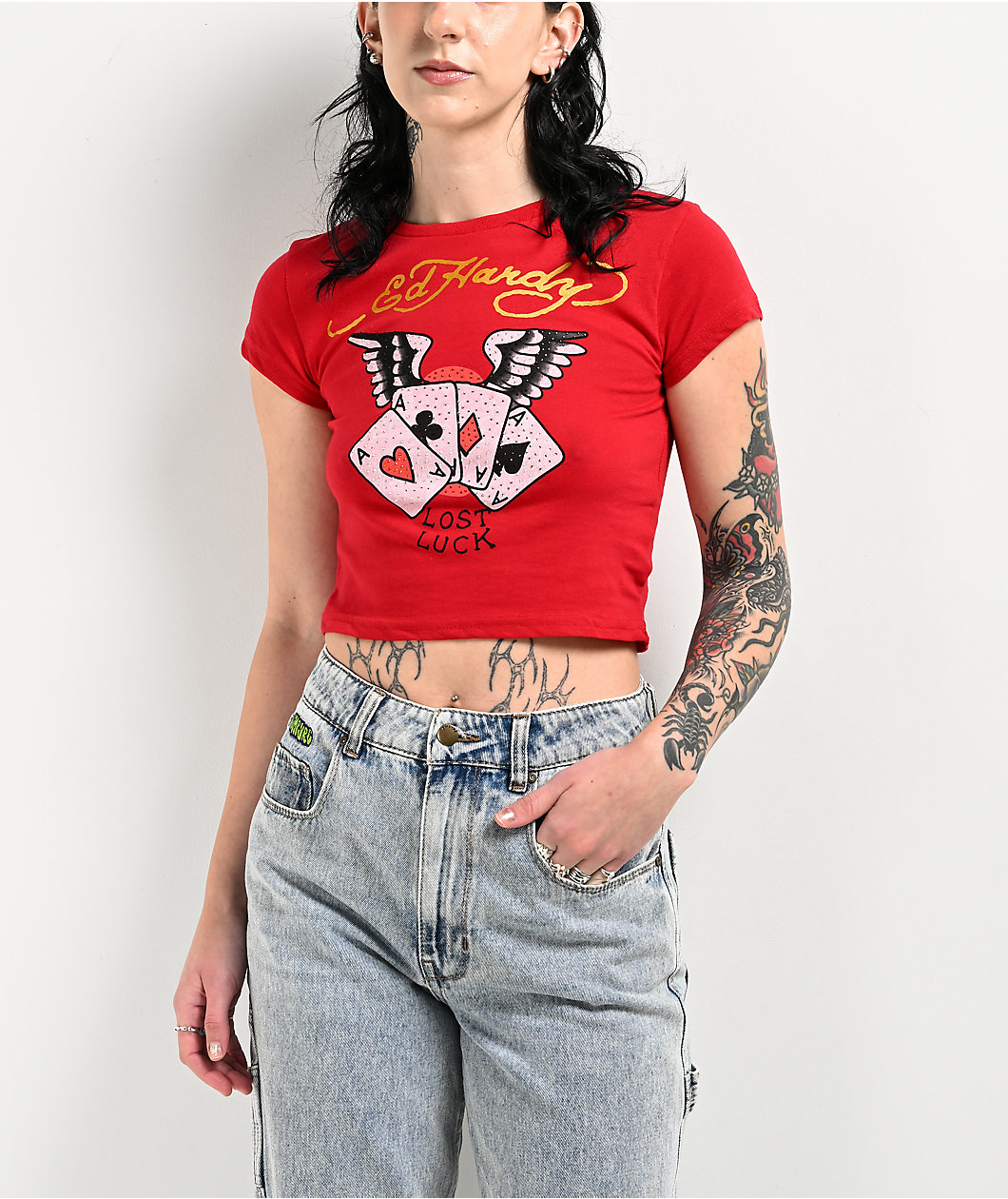 Ed Hardy Rhinestone Aces Red Crop T-Shirt