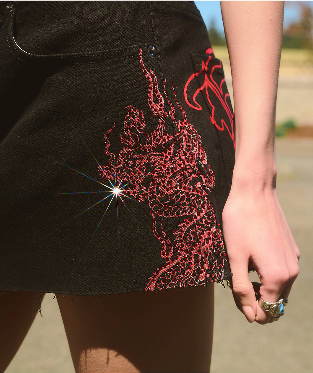 Ed Hardy Rhinestone Dragons Black Denim Cutoff Mini Skirt