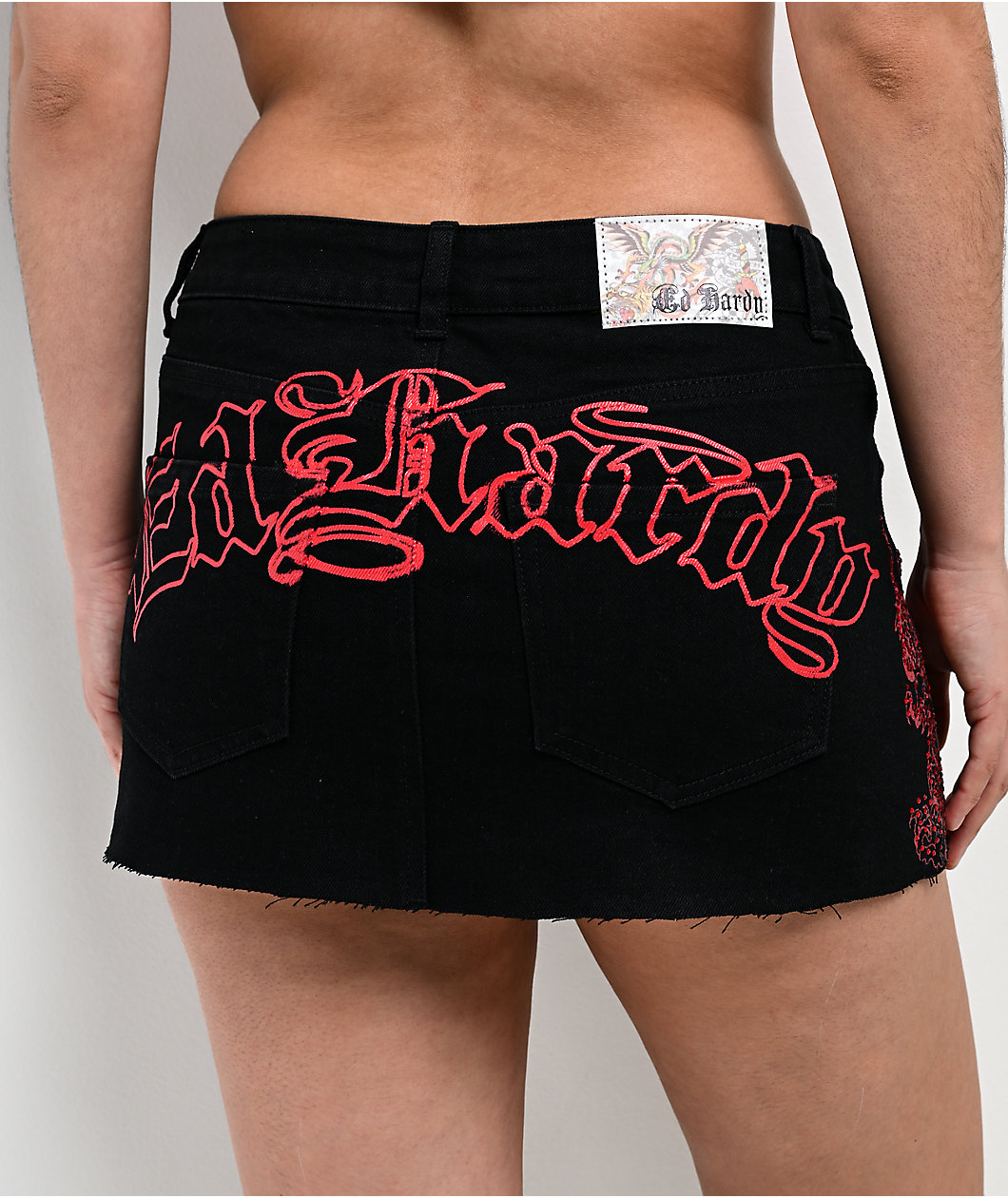 Ed Hardy Rhinestone Dragons Black Denim Cutoff Mini Skirt