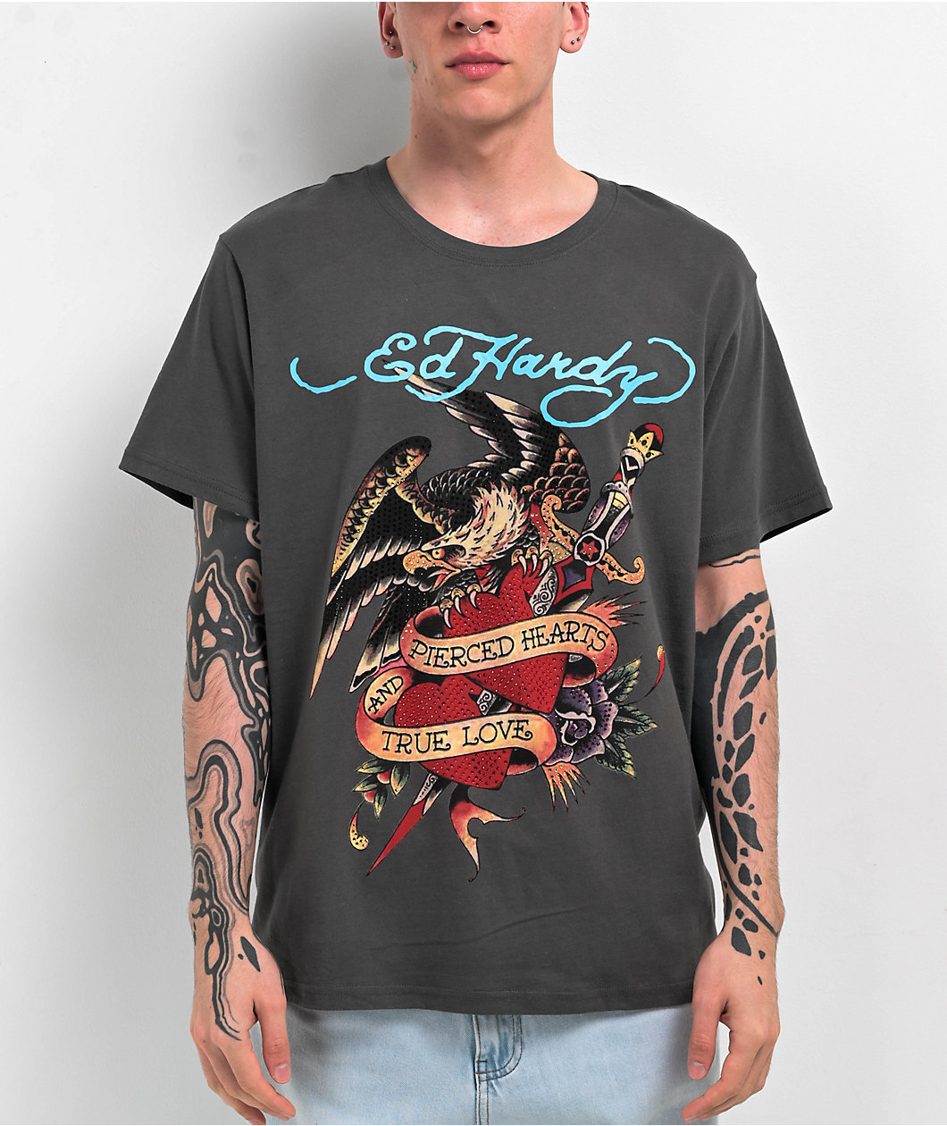 Ed Hardy Rhinestone Eagle Grey T-Shirt