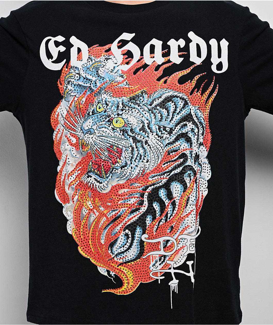 Ed Hardy Rhinestone Tiger Flames Black Long Sleeve T-Shirt