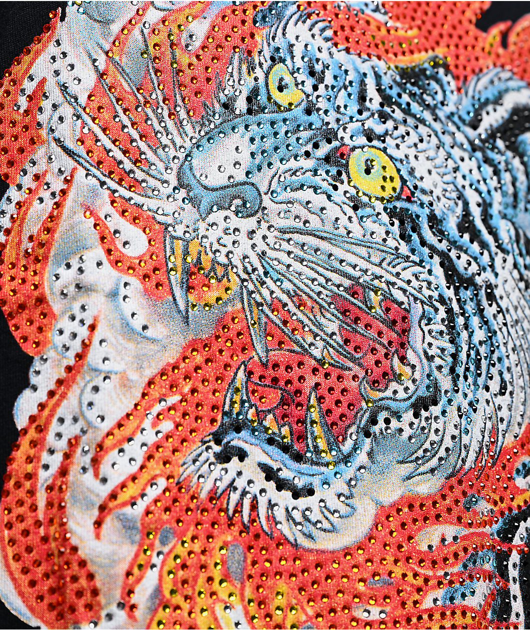 Ed Hardy Rhinestone Tiger Flames Black Long Sleeve T-Shirt