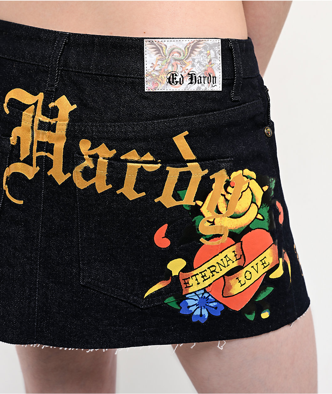 Ed Hardy Rose Heart Black Denim Cutoff Mini Skirt