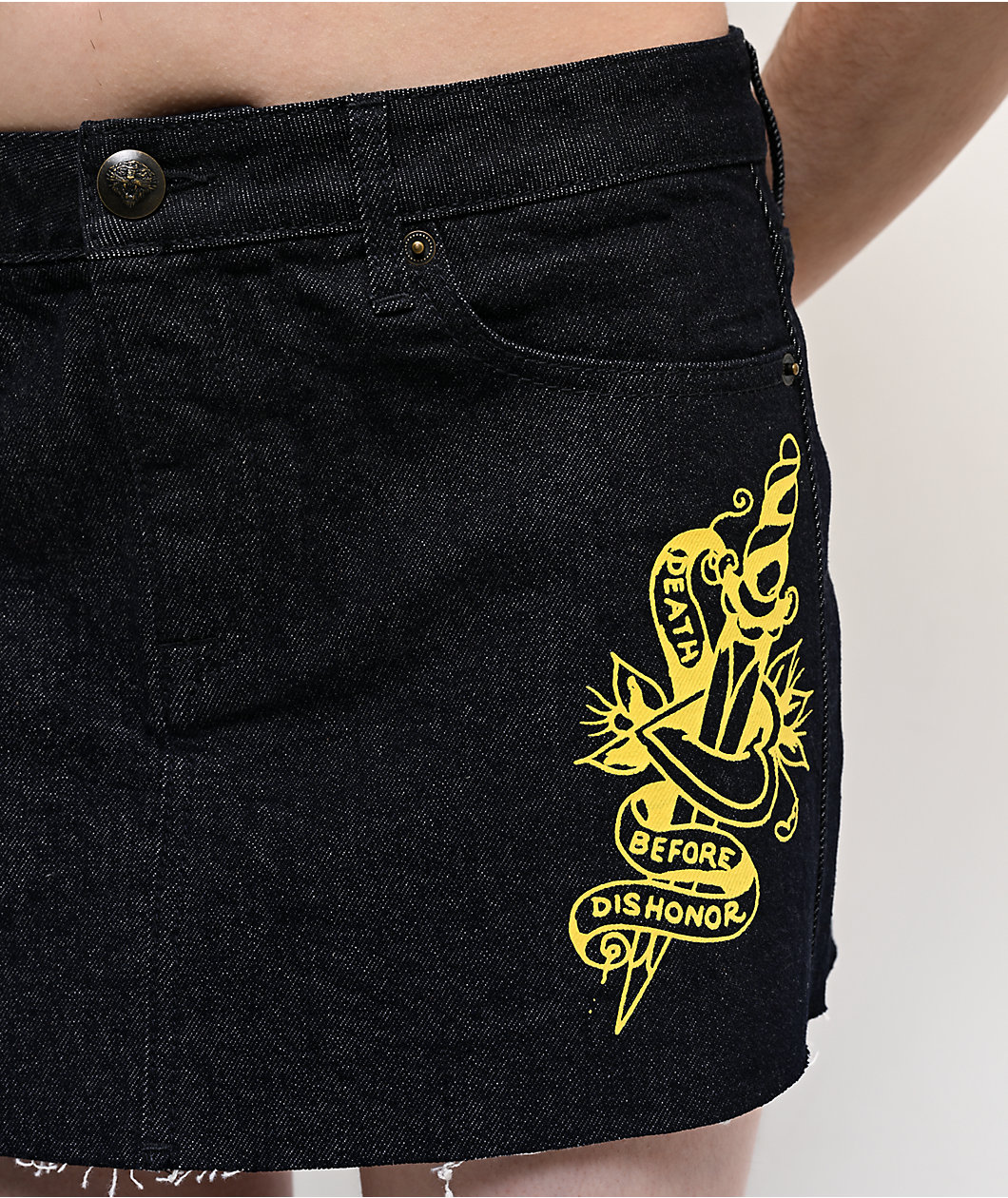 Ed Hardy Rose Heart Black Denim Cutoff Mini Skirt